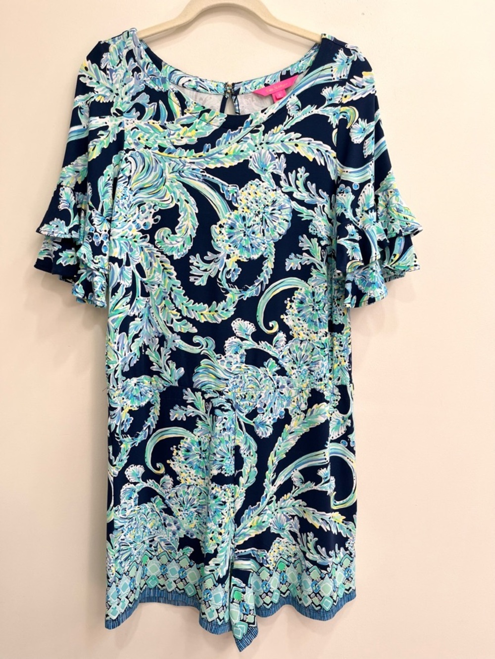 Lilly Pulitzer Lula Romper High Tide Navy Scuba Doo Navy Aqua Flutter Sleeves S